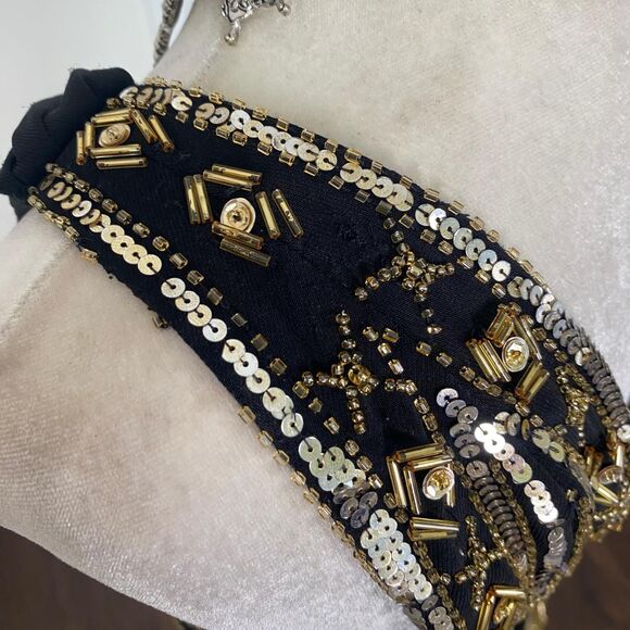 Betsy & Adam Black One Shoulder Dress with Gold Accents - Picture 4 of 9